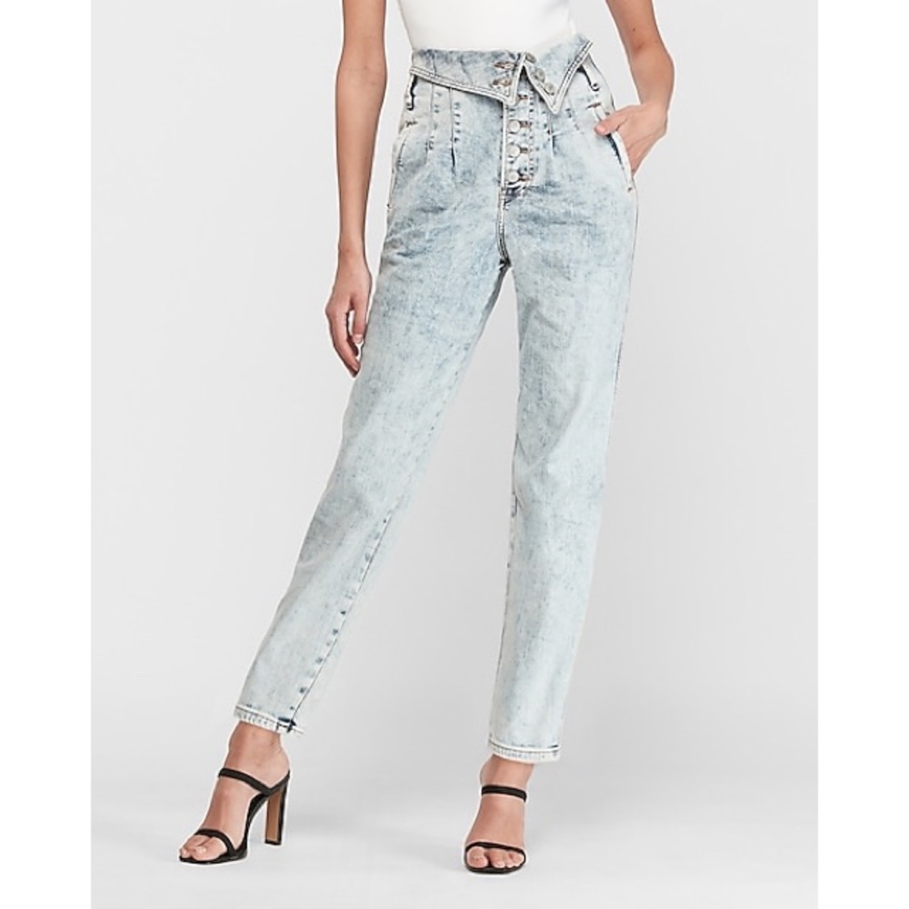 Express Fold Over Waist Tapered Leg Acid Wash Jeans